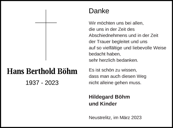 Traueranzeige von Hans Berthold Böhm von Strelitzer Zeitung
