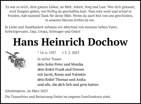 Traueranzeige von Hans Heinrich Dochow von Neubrandenburger Zeitung