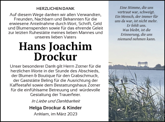 Traueranzeige von Hans Joachim Drockur von Vorpommern Kurier