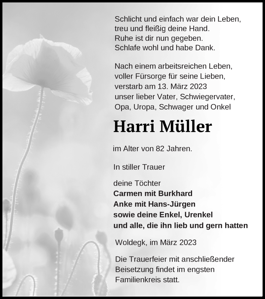  Traueranzeige für Harri Müller vom 21.03.2023 aus Strelitzer Zeitung