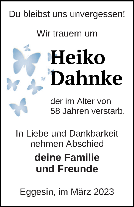 Traueranzeige von Heiko Dahnke von Haff-Zeitung