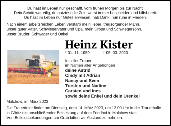 Traueranzeige von Heinz Kister von Prenzlauer Zeitung