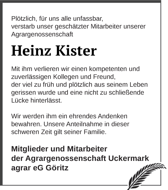 Traueranzeige von Heinz Kister von Prenzlauer Zeitung