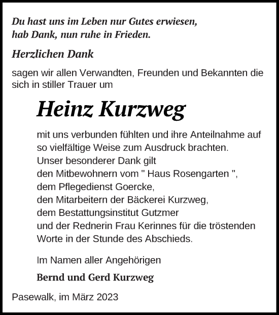 Traueranzeige von Heinz Kurzweg von Haff-Zeitung