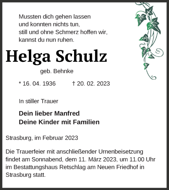 Traueranzeige von Helga Schulz von Pasewalker Zeitung