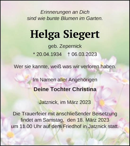 Traueranzeige von Helga Siegers von Pasewalker Zeitung