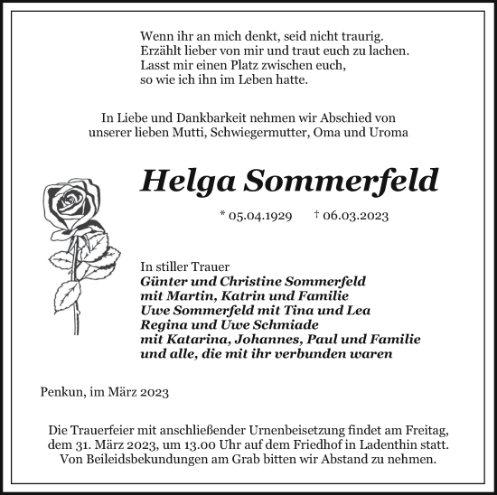 Traueranzeige von Helga Sommerfeld von Pasewalker Zeitung