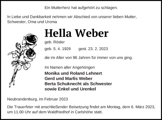 Traueranzeige von Hella Weber von Neubrandenburger Zeitung