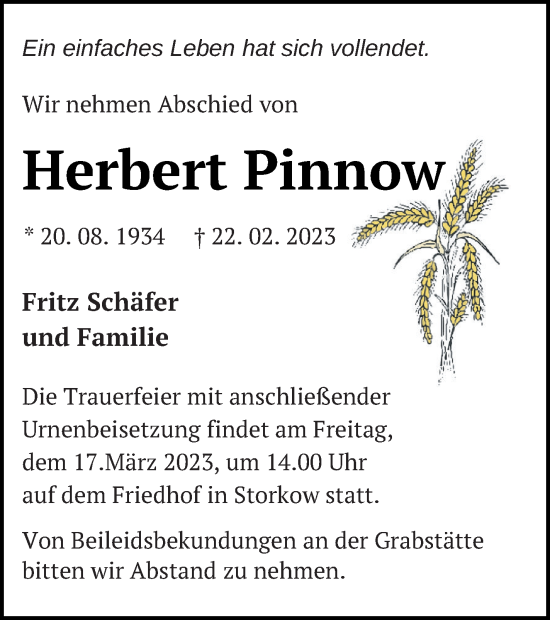 Traueranzeige von Herbert Pinnow von Templiner Zeitung