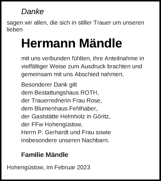 Traueranzeige von Hermann Mändle von Prenzlauer Zeitung