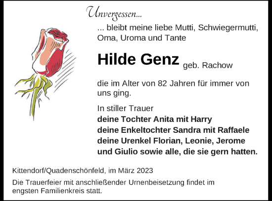 Traueranzeige von Hilde Genz von Mecklenburger Schweiz