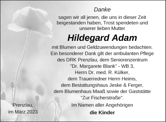 Traueranzeige von Hildegard Adam von Prenzlauer Zeitung