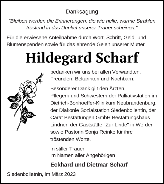 Traueranzeige von Hildegard Scharf von Neubrandenburger Zeitung