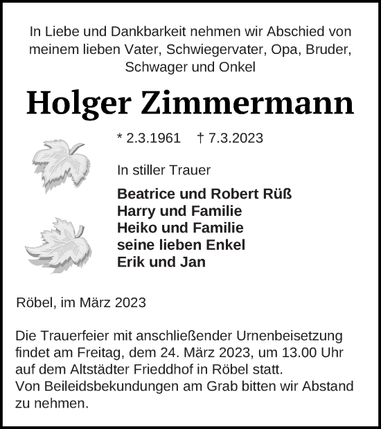 Traueranzeige von Holger Zimmermann von Müritz-Zeitung