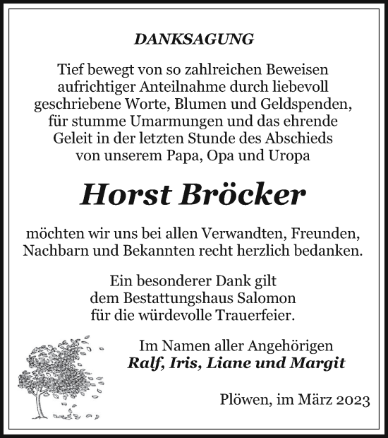 Traueranzeige von Horst Bröcker von Pasewalker Zeitung