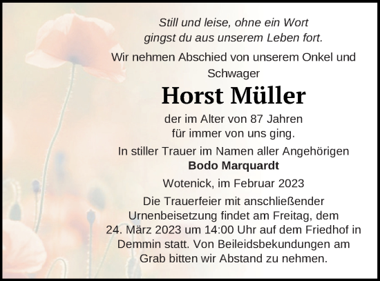 Traueranzeige von Horst Müller von Demminer Zeitung