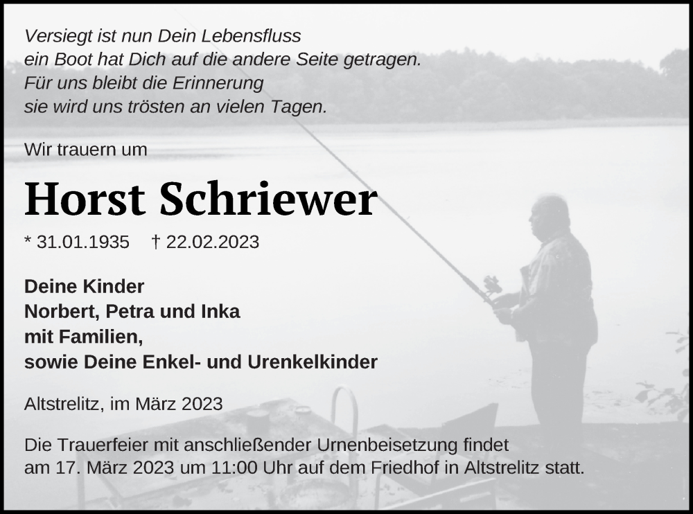  Traueranzeige für Horst Schriewer vom 10.03.2023 aus Strelitzer Zeitung