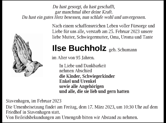 Traueranzeige von Ilse Buchholz von Mecklenburger Schweiz