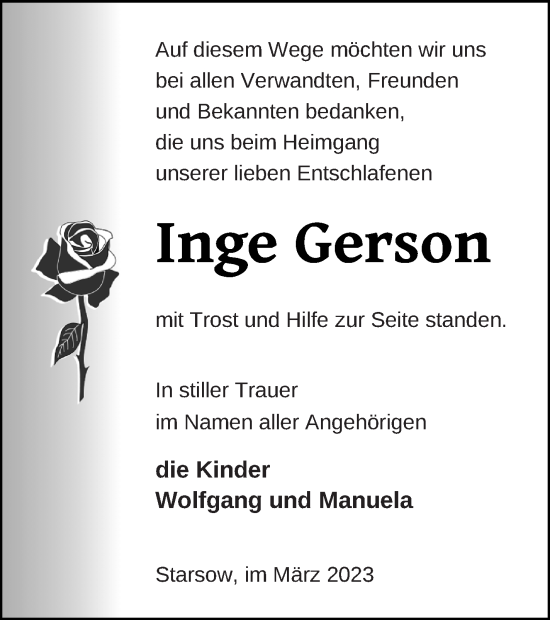 Traueranzeige von Inge Gerson von Müritz-Zeitung