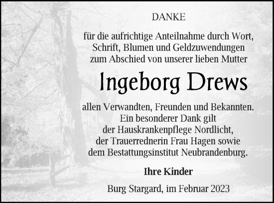 Traueranzeige von Ingeborg Drews von Neubrandenburger Zeitung