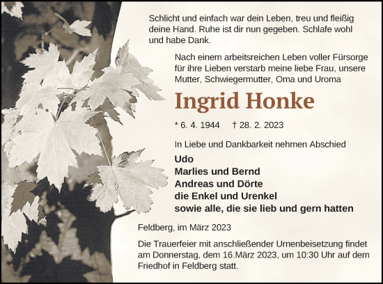 Traueranzeige von Ingrid Honke von Strelitzer Zeitung