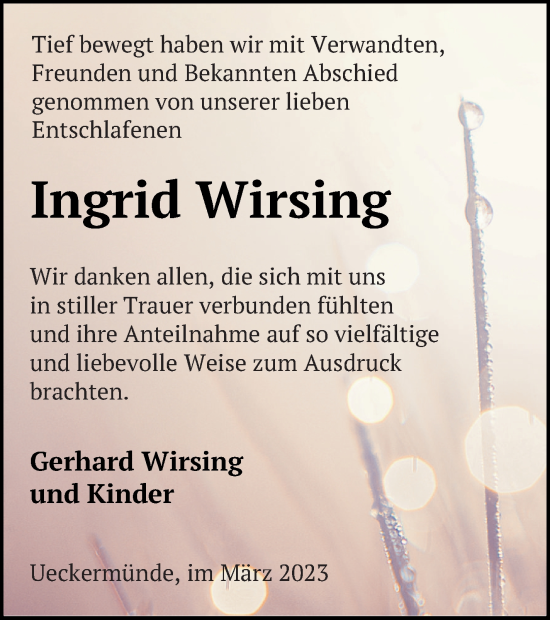 Traueranzeige von Ingrid Wirsing von Haff-Zeitung