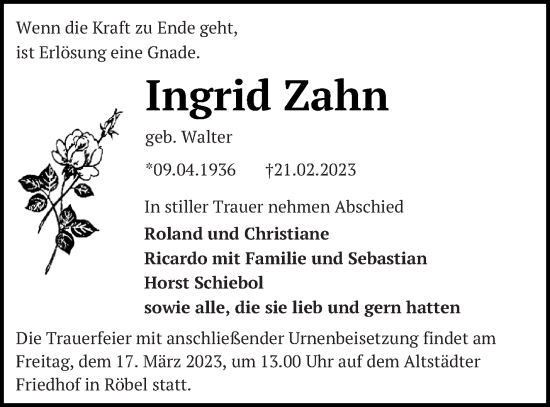 Traueranzeige von Ingrid Zahn von Müritz-Zeitung