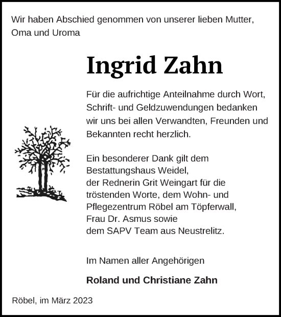 Traueranzeige von Ingrid Zahn von Müritz-Zeitung