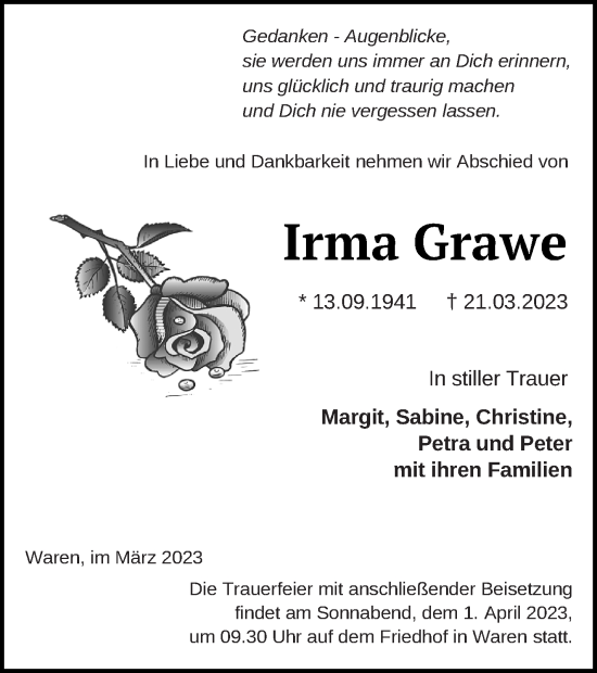 Traueranzeige von Irma Grawe von Müritz-Zeitung