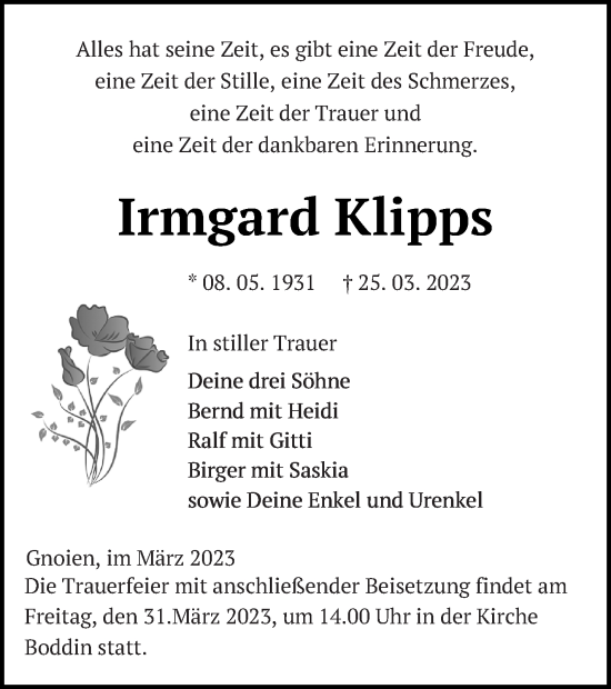 Traueranzeige von Irmgard Klipps von Mecklenburger Schweiz