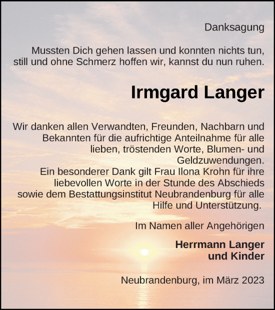 Traueranzeige von Irmgard Langer von Neubrandenburger Zeitung