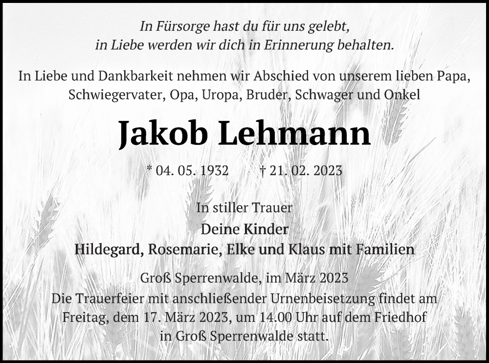  Traueranzeige für Jakob Lehmann vom 10.03.2023 aus Prenzlauer Zeitung