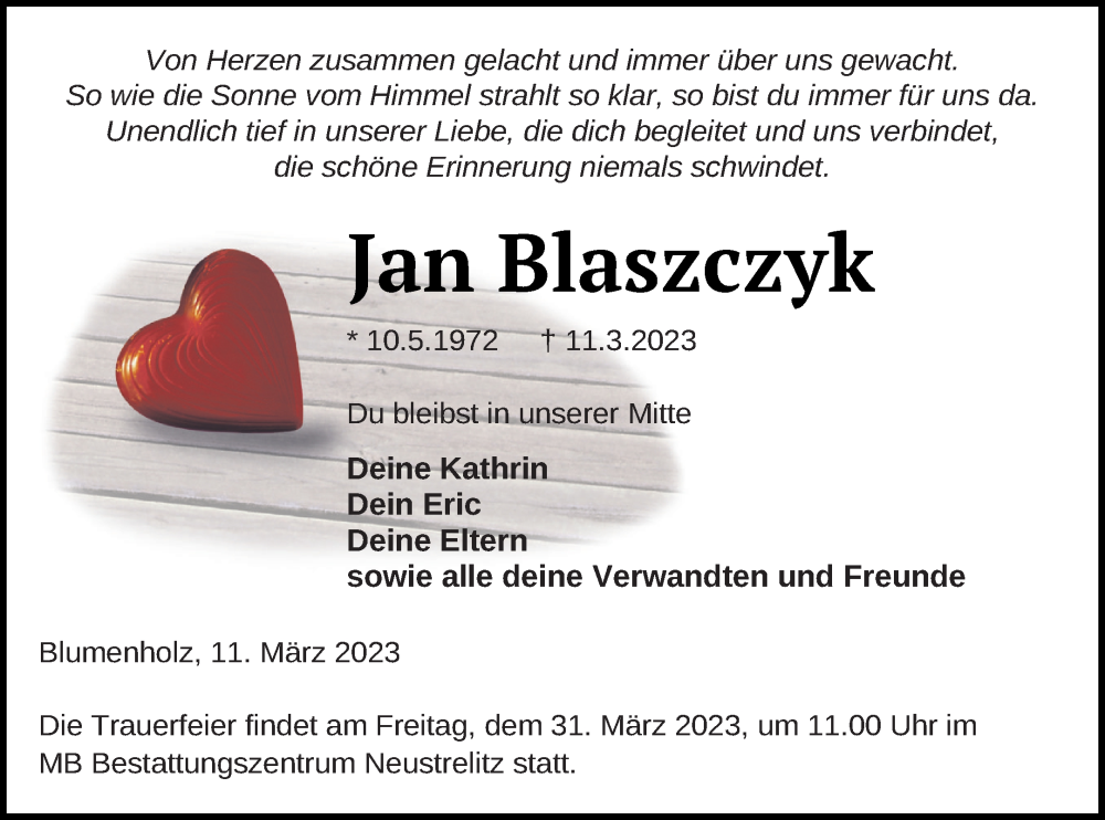  Traueranzeige für Jan Blaszczyk vom 15.03.2023 aus Strelitzer Zeitung