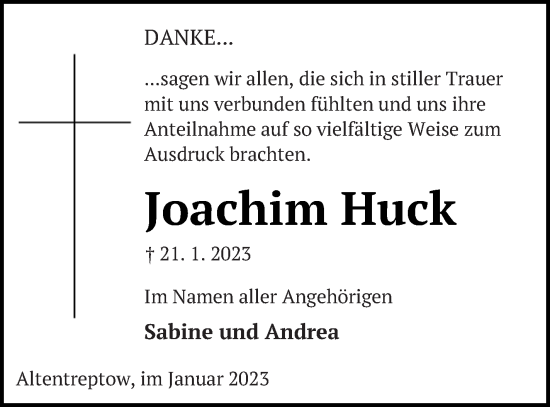 Traueranzeige von Joachim Huck von Neubrandenburger Zeitung