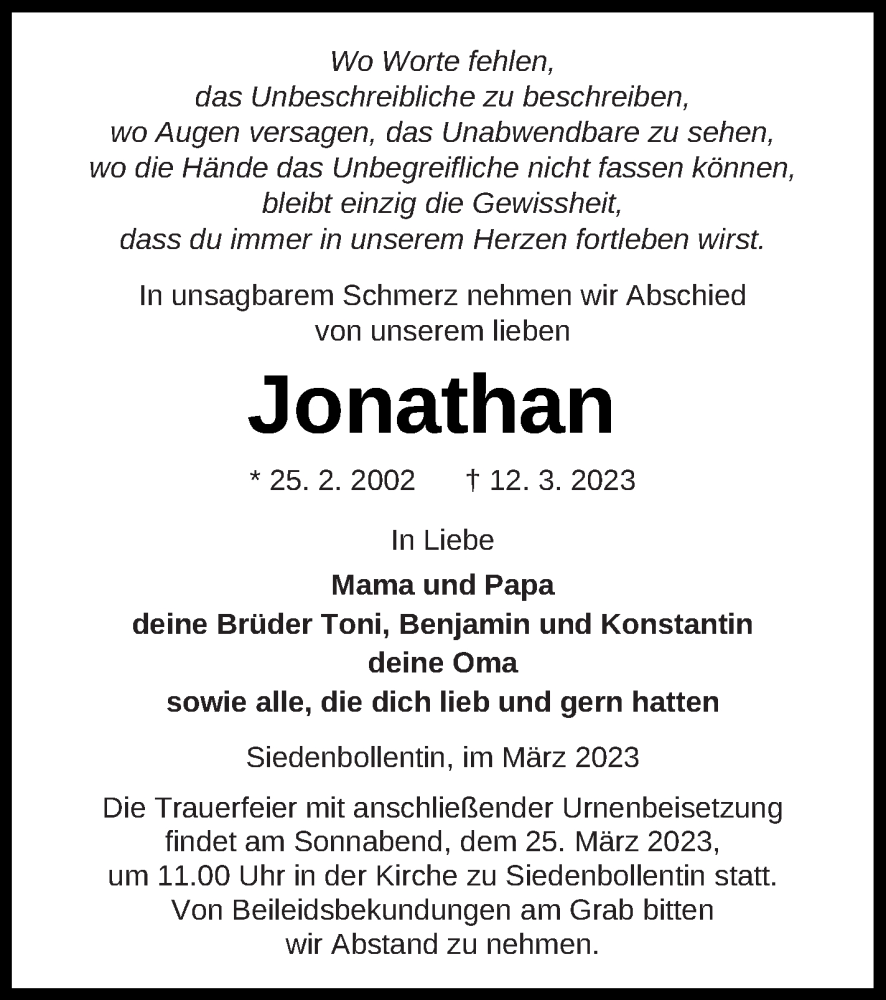  Traueranzeige für Jonathan  vom 17.03.2023 aus Neubrandenburger Zeitung