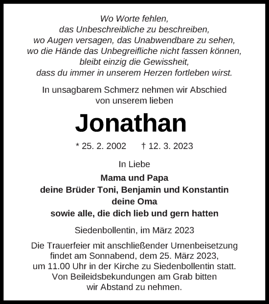 Traueranzeige von Jonathan  von Neubrandenburger Zeitung