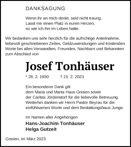 Traueranzeige von Josef Tonhäuser von Mecklenburger Schweiz