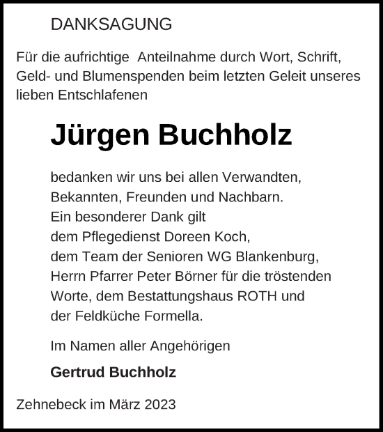 Traueranzeige von Jürgen Buchholz von Prenzlauer Zeitung