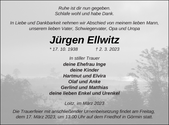 Traueranzeige von Jürgen Ellwitz von Vorpommern Kurier