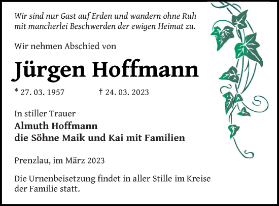 Traueranzeige von Jürgen Hoffmann von Prenzlauer Zeitung