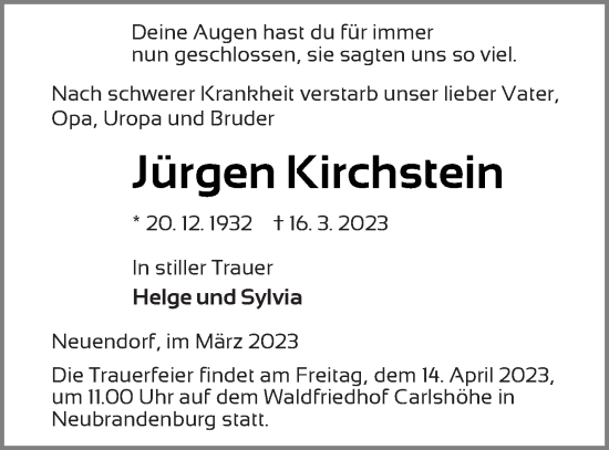 Traueranzeige von Jürgen Kirchstein von Neubrandenburger Zeitung