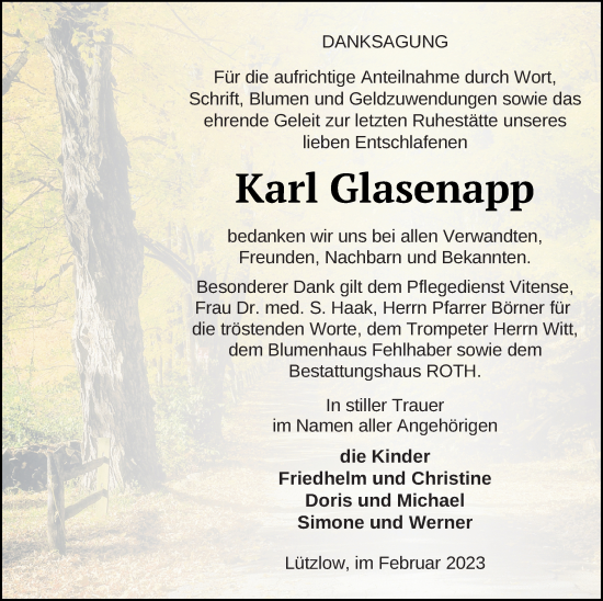 Traueranzeige von Karl Glasenapp von Prenzlauer Zeitung