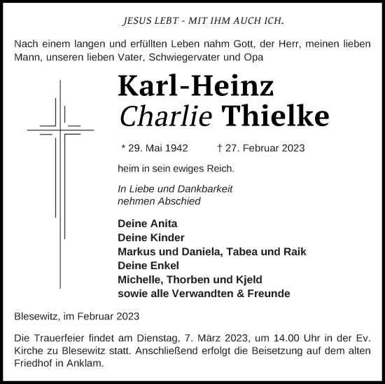 Traueranzeige von Karl-Heinz Thielke von Vorpommern Kurier
