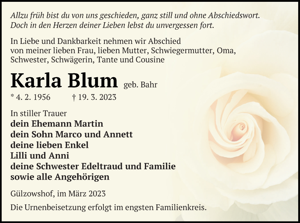  Traueranzeige für Karla Blum vom 22.03.2023 aus Vorpommern Kurier