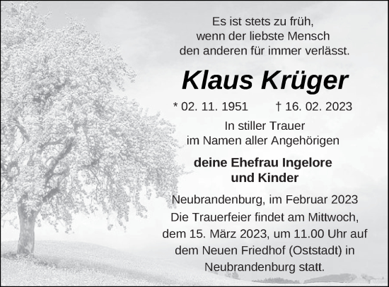 Traueranzeige von Klaus Krüger von Neubrandenburger Zeitung
