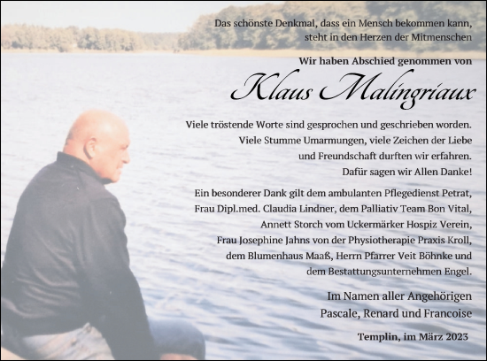 Traueranzeige von Klaus Malingriaux von Templiner Zeitung