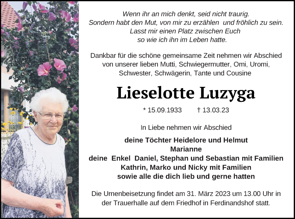  Traueranzeige für Lieselotte Luzyga vom 17.03.2023 aus Haff-Zeitung