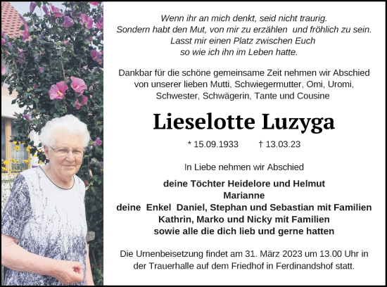 Traueranzeige von Lieselotte Luzyga von Haff-Zeitung