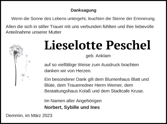 Traueranzeige von Lieselotte Peschel von Demminer Zeitung