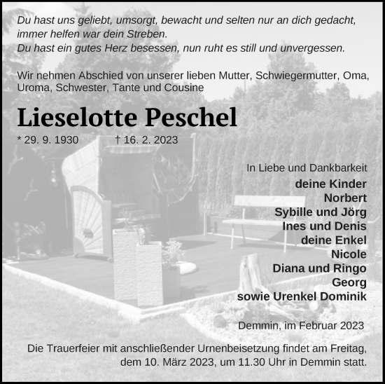 Traueranzeige von Lieselotte Peschel von Demminer Zeitung